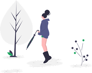 女孩穿著雨鞋在雨后的郊外愉悅地蹦蹦跳跳
