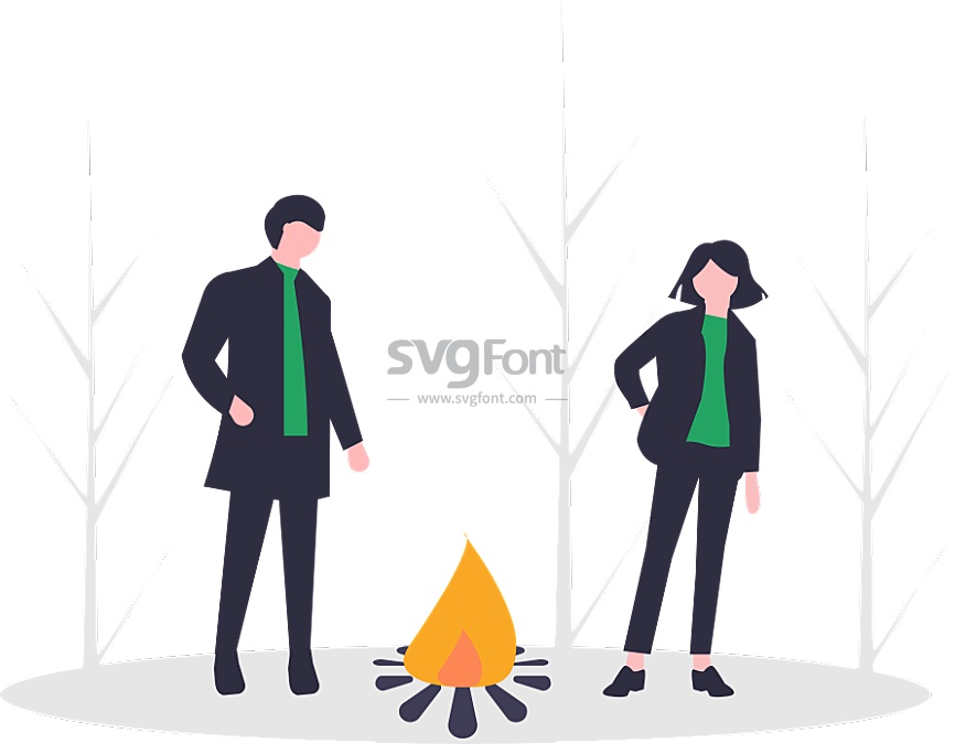 一男一女在冬日的野外生火取暖