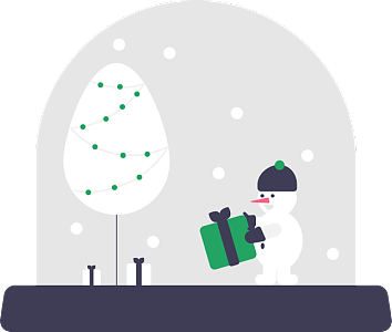 雪人在下雪天戴著帽子手套往樹下放禮物/禮物盒