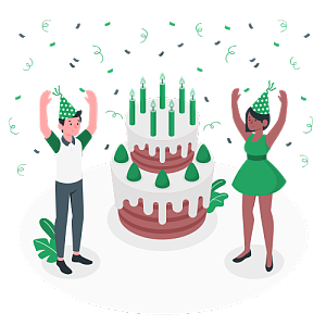 戴圓錐紙帽的男生女生開心的在雙層蛋糕前高舉雙手放彩帶慶祝生日