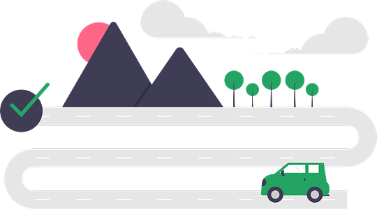 一輛SUV在日落時分沿著盤山公路向山頂駛?cè)? title=