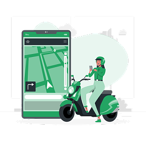 女孩騎電動車按照手機(jī)GPS導(dǎo)航儀的路線出發(fā)