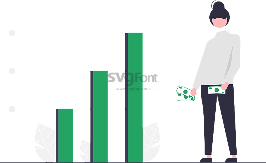女孩手持美元站在投资数据图表旁边的插画