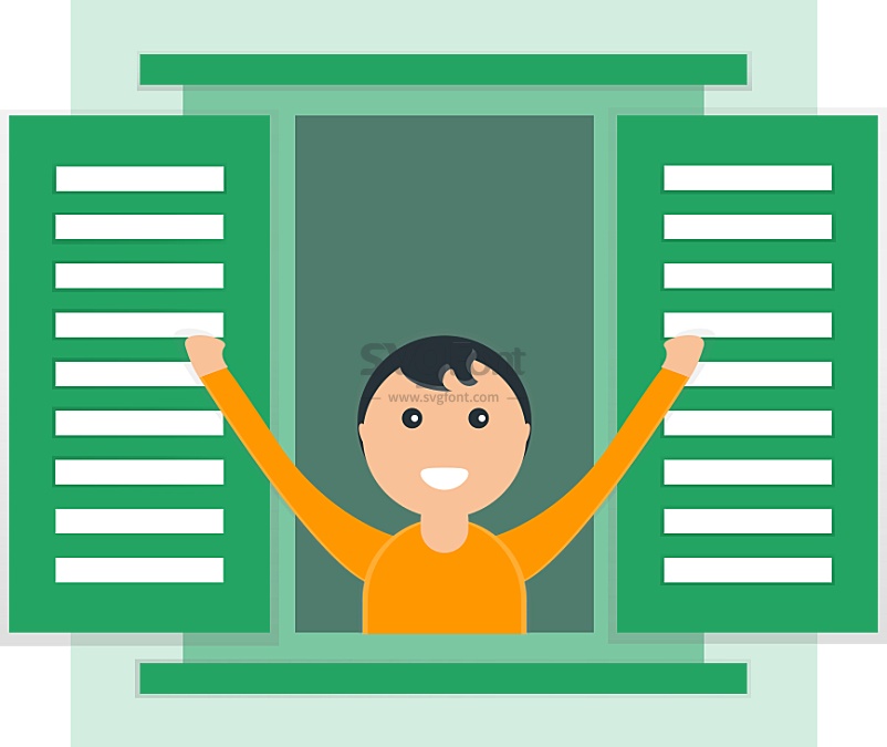 小男孩推开窗户呼吸新鲜空气/心情愉悦的黄衣男孩