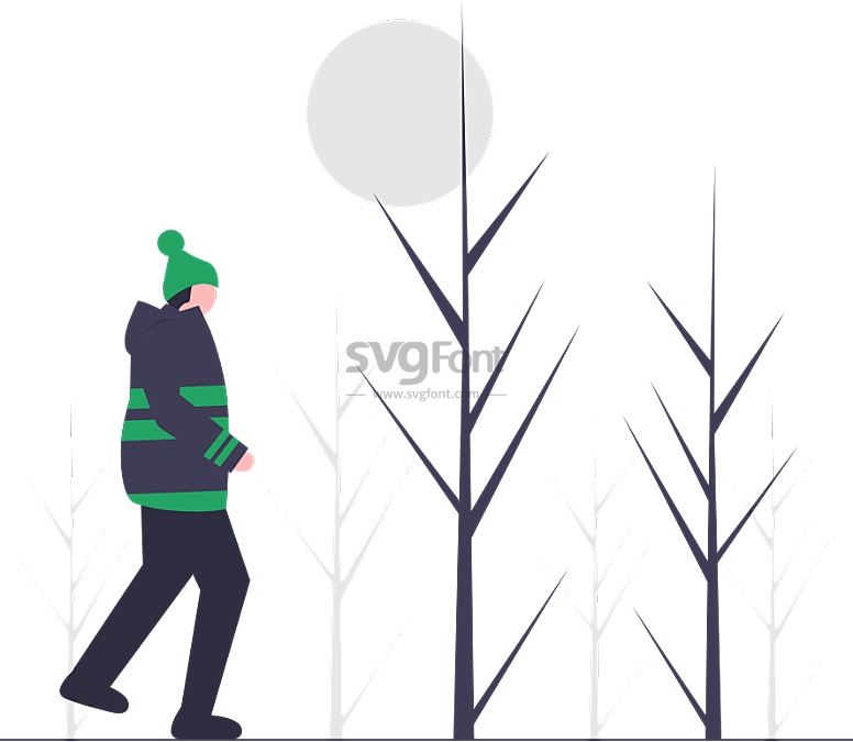 男青年穿着羽绒服在雪地里散步