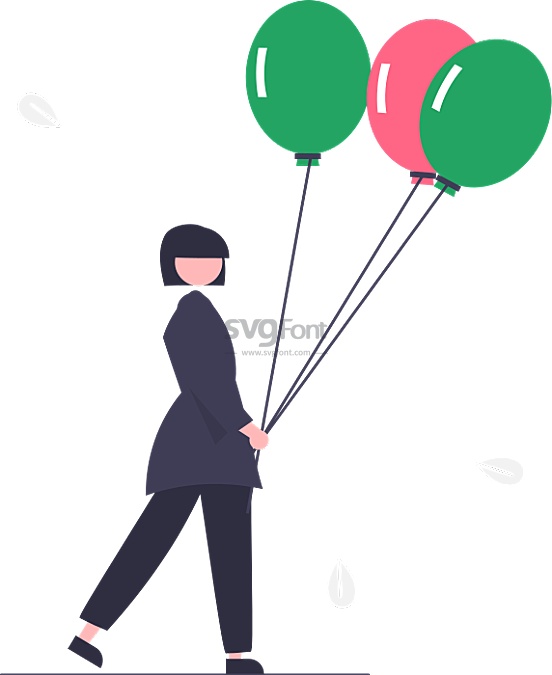 女孩牵着三个气球在休闲的散步