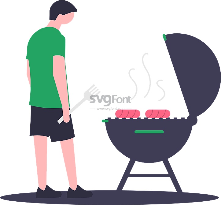 男子在户外拿着叉子休闲地烧烤BBQ香喷喷的烤肠