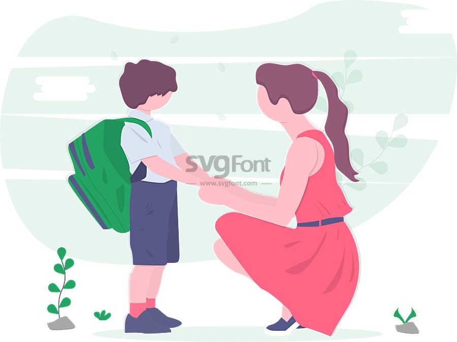 人类高质量长裙妈妈在门口依依不舍送背着书包的儿子去上学