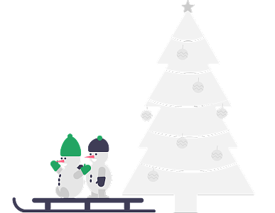 圣诞节两个小雪人坐在雪橇上开心地滑雪