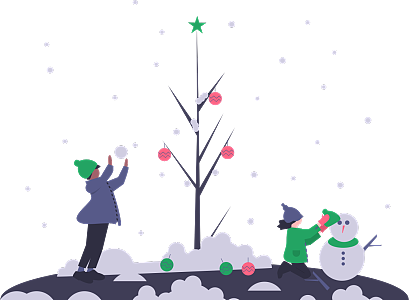 女孩跪在地上给雪人戴帽子男孩在装饰一棵枯树