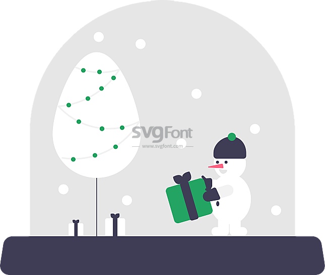 雪人在下雪天戴着帽子手套往树下放礼物/礼物盒