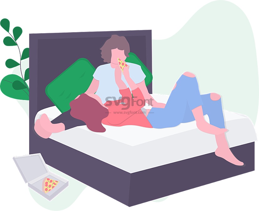 女人躺在床上喂男孩吃比萨/一对情侣呆在卧室里吃pizza