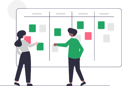 开发团队在讨论如何使用Scrum board进行敏捷开发