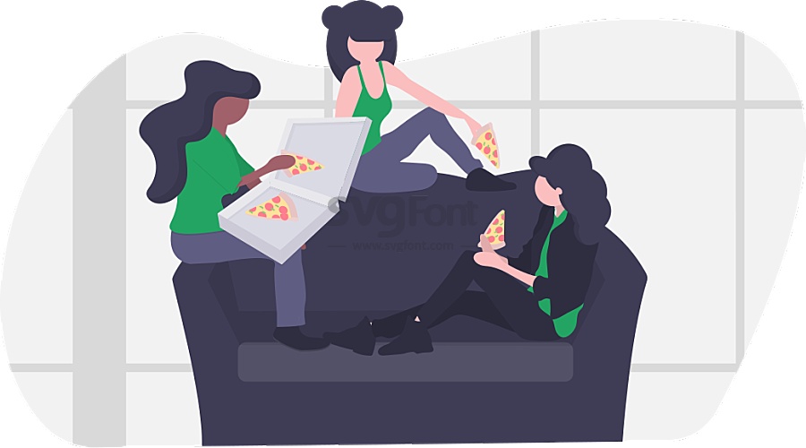大学宿舍的三个女孩在沙发上分享pizza
