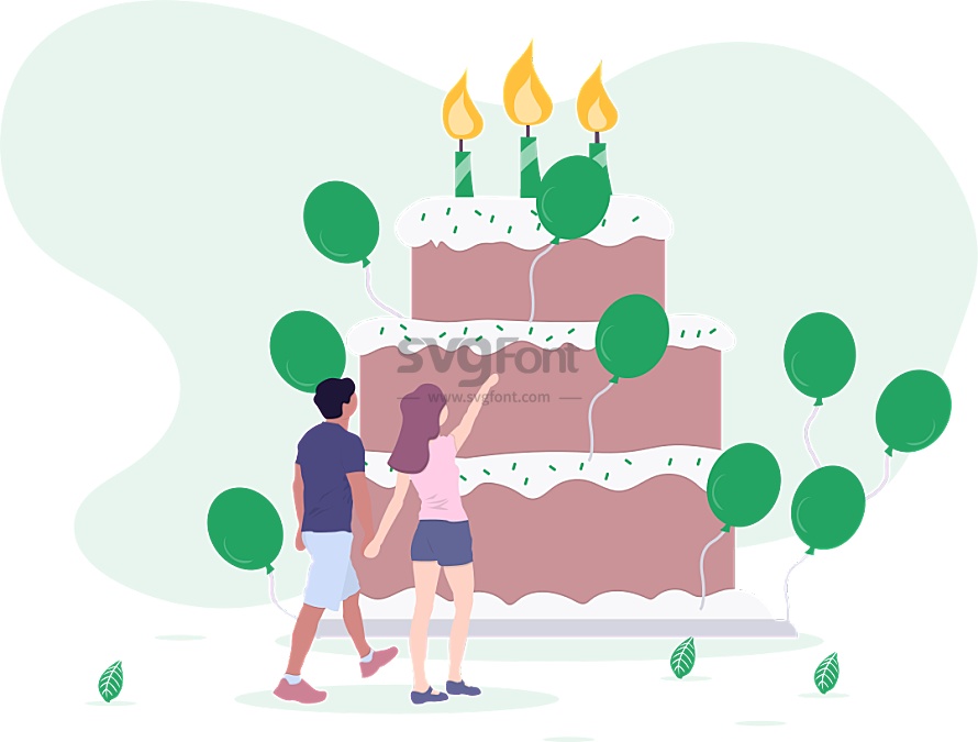男孩为女孩的生日准备了三层生日的蛋糕和气球