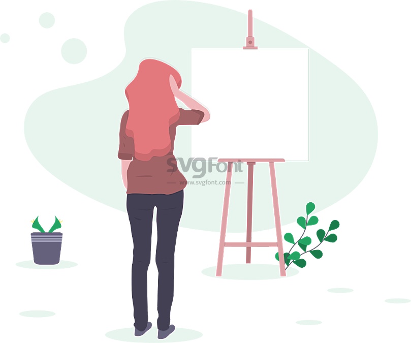 女画家手摸头站在空白画布前构思绘画思路