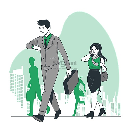大城市行色匆匆的男女在快节奏的上班路上看时间和打手机