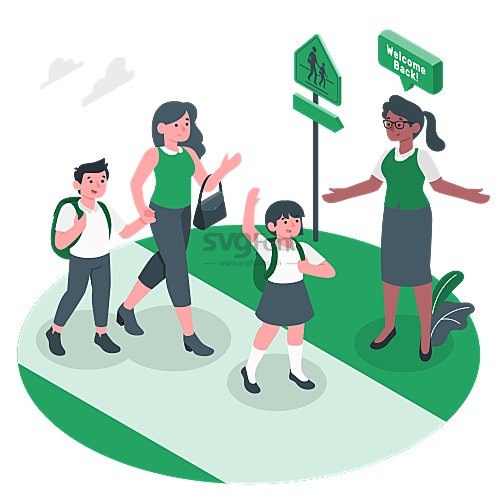 老师在学校门口迎接送子女上学的家长到来