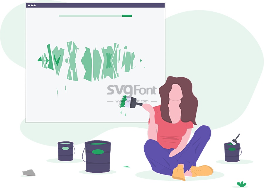 一位抽象派女画家盘腿坐在她的创意画作旁