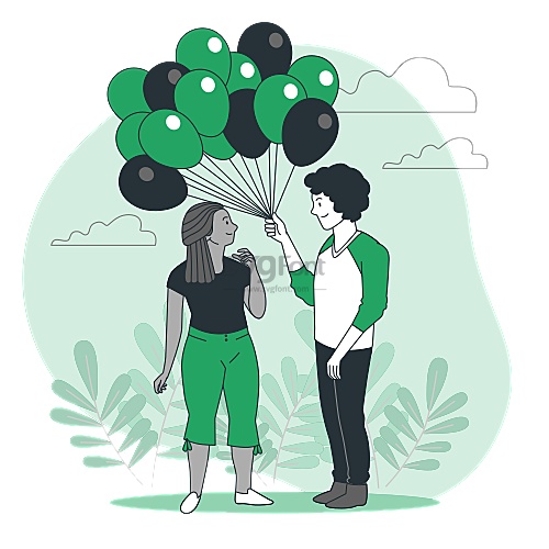 男孩在野外拿着一束气球向心爱的女孩表白
