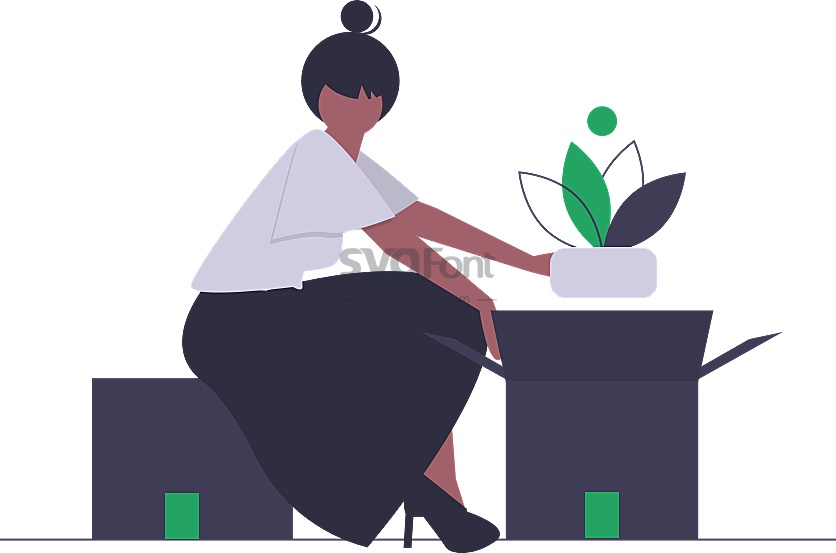 丸子头女生把盆栽从原来的箱子移到另一个箱子里