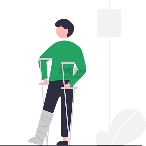 右脚打石膏的受伤男子撑着拐杖在花园散步
