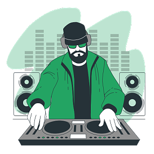 一位长着络腮胡头戴鸭舌帽的男DJ在调整音乐的节奏