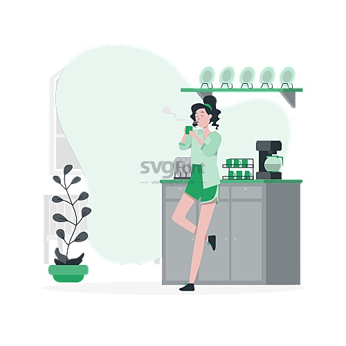 下班回到家女子为自己冲泡了一杯热茶/卷发女孩靠在橱柜前用嘴吹凉热饮