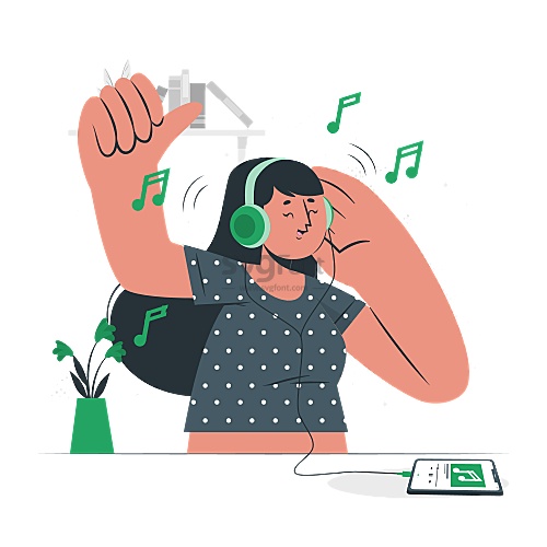 长发女生戴上耳机边听音乐边开心地唱起来