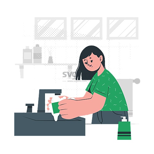 女孩在水龙头下用毛巾擦洗手上的泡泡