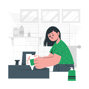女孩在水龙头下用毛巾擦洗手上的泡泡