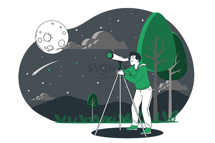 男子夜晚在郊外用天文望远镜观测星空