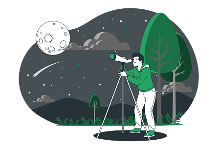 男子夜晚在郊外用天文望远镜观测星空