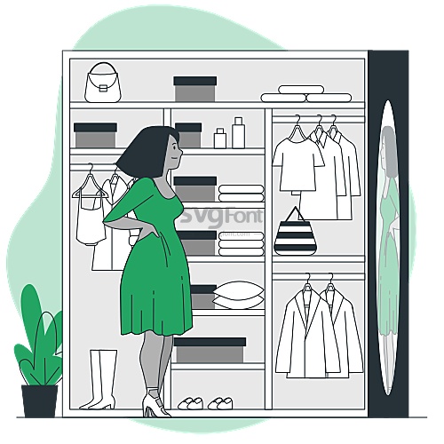 女人在服装店更衣室前照镜子看衣服穿着效果