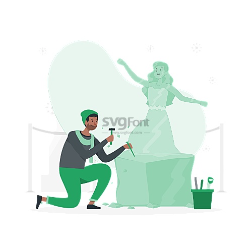 一名冰雕师傅在雕琢一座美女的人物艺术冰雕