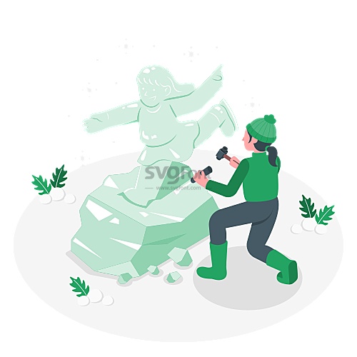 女冰雕师在雕刻一座小女孩在跳舞的创意冰雕艺术作品