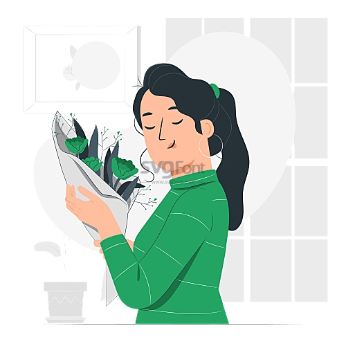 长发女孩在闻男朋友送来的鲜花