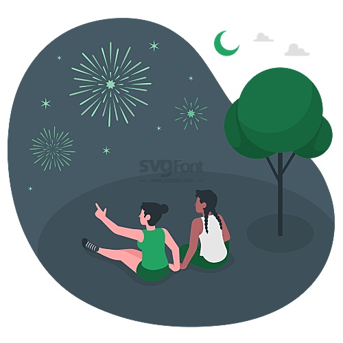 夏天的夜晚两名女孩坐在郊外的草地上观看烟花