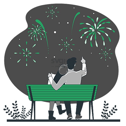 一对情侣夜晚坐在公园的长椅上观赏烟花