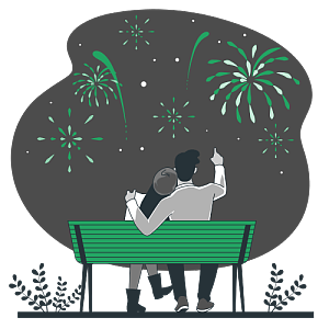一对情侣夜晚坐在公园的长椅上观赏烟花