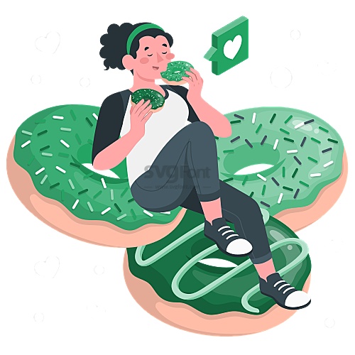 卷发女子幻想自己坐在巨大的甜甜圈上享用甜甜圈